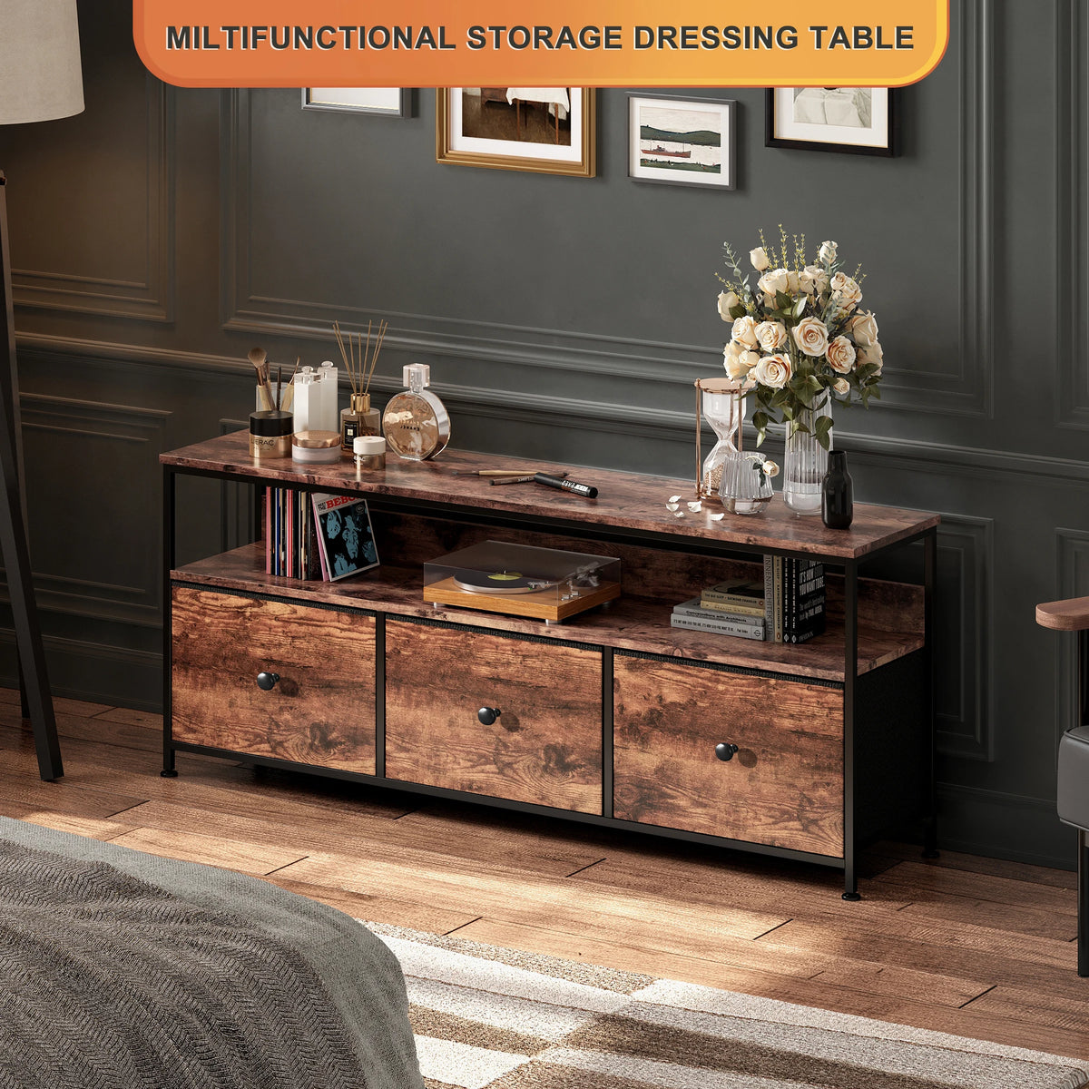 108cm Tv Cabinet Storage Unit Drawers Open Shelves
