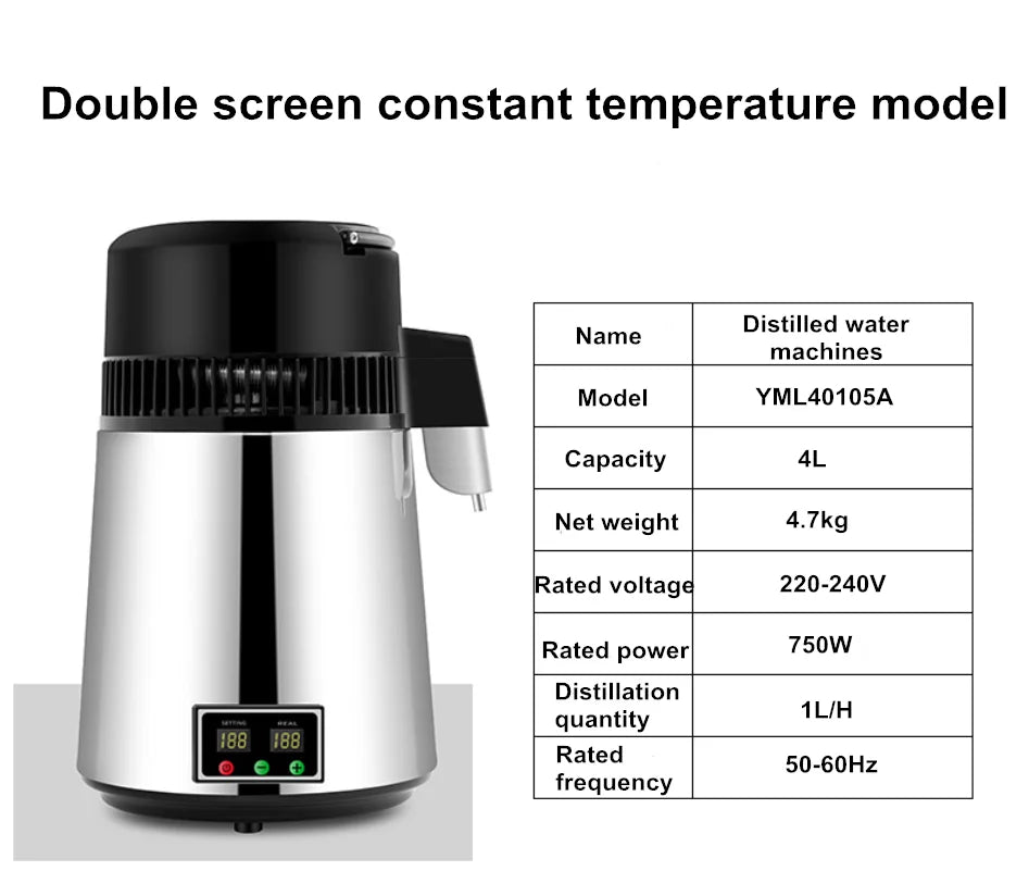 Water Distiller W/ Glass Container 750w 1gal/4l Capacity