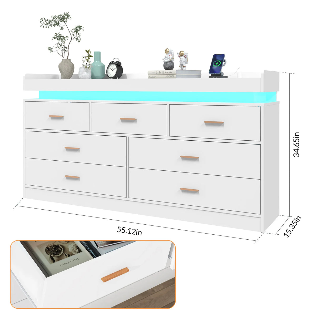 Drawer Dresser Led Light Charging Station Modern Chest