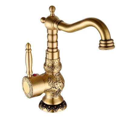 Tuqiu Antique Brass Bathroom Faucet Carved Deck Mounted