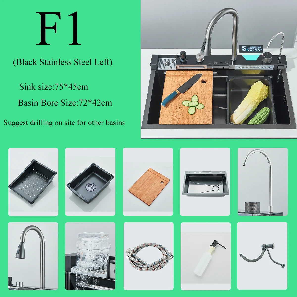 Stainless Steel Waterfall Sink Digital Display Large Sink