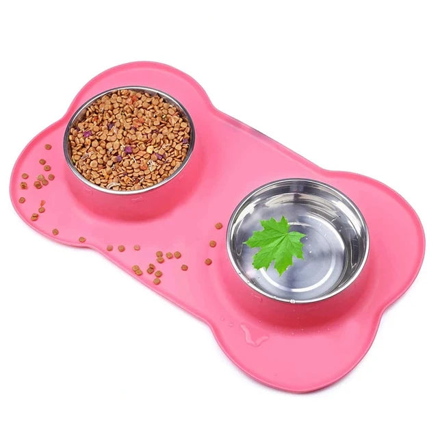 Antislip Double Dog Bowl Silicone Mat Durable Stainless