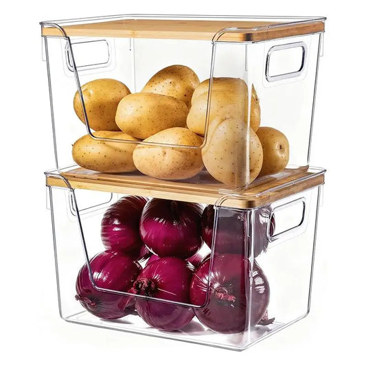 Stackable Pantry Organizers Wooden Lids Storage Clear Bins