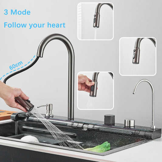 Stainless Steel Waterfall Sink Digital Display Large Sink