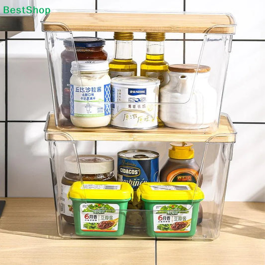Stackable Pantry Organizers Wooden Lids Storage Clear Bins