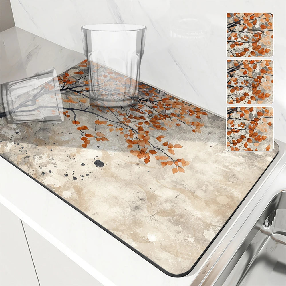 Large Absorbent Mat Autumn Leaves Antiskid Draining Coffee