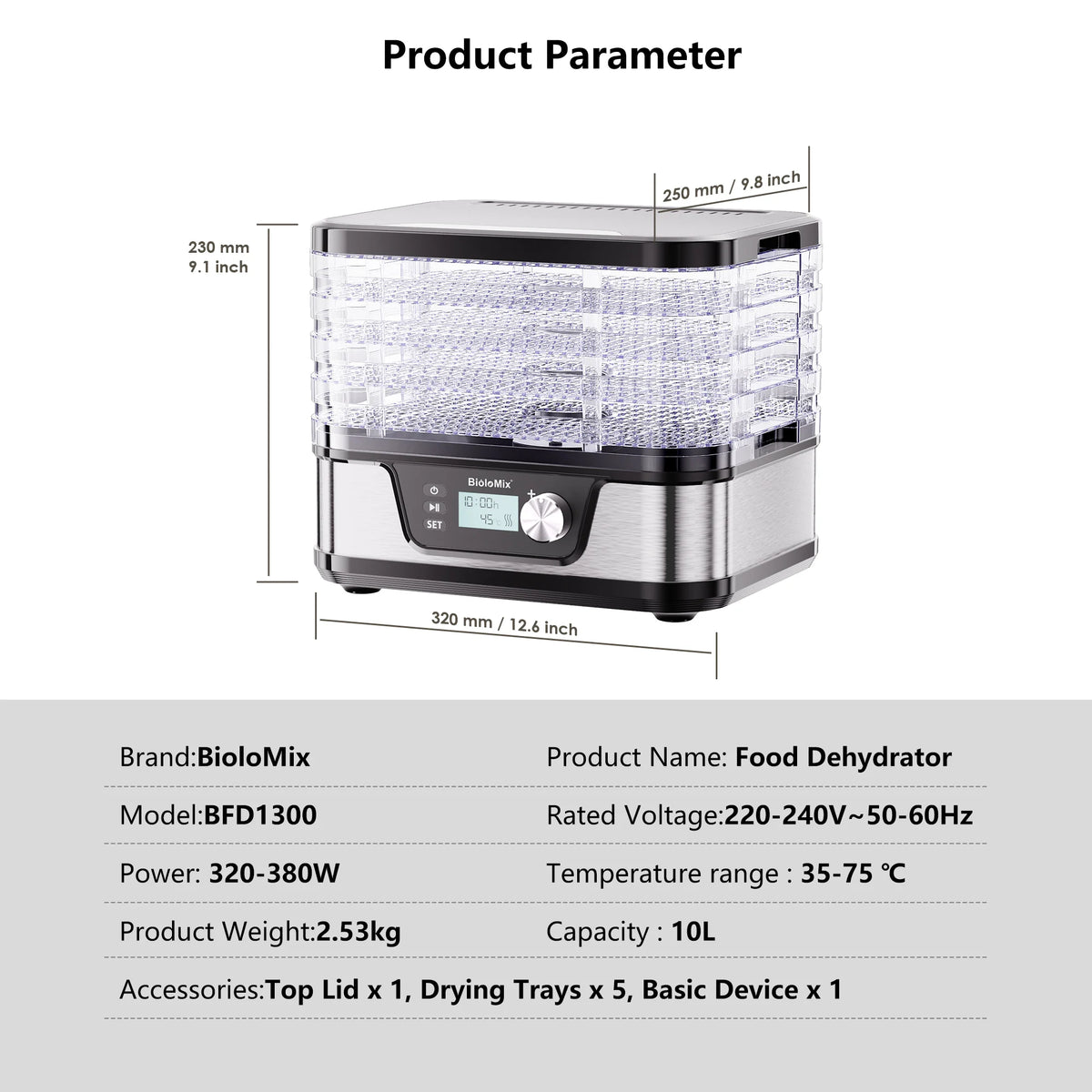 Biolomix 10l Food Dehydrator Bpa-Free 5-Tray Digital Timer