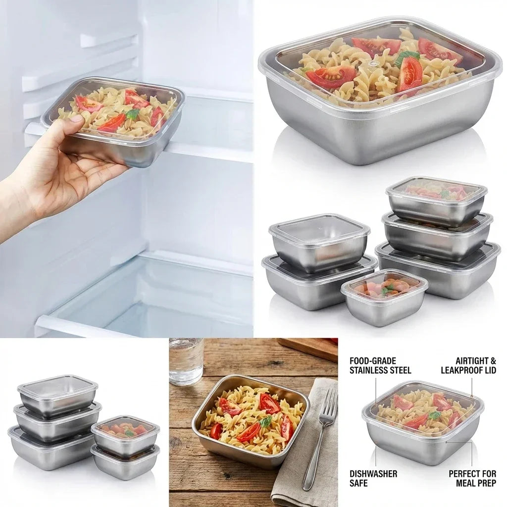 5pcs Stainless Steel Food Storage Containers Stackable Meal
