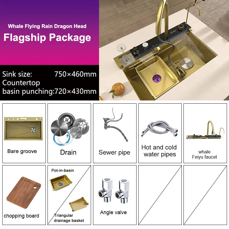 Stainless Steel Golden Sink Waterfall Outlet Slot Piano