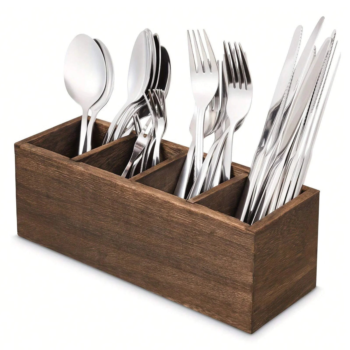 Wood Cutlery Caddy Utensil Organizer Compartments Silverware