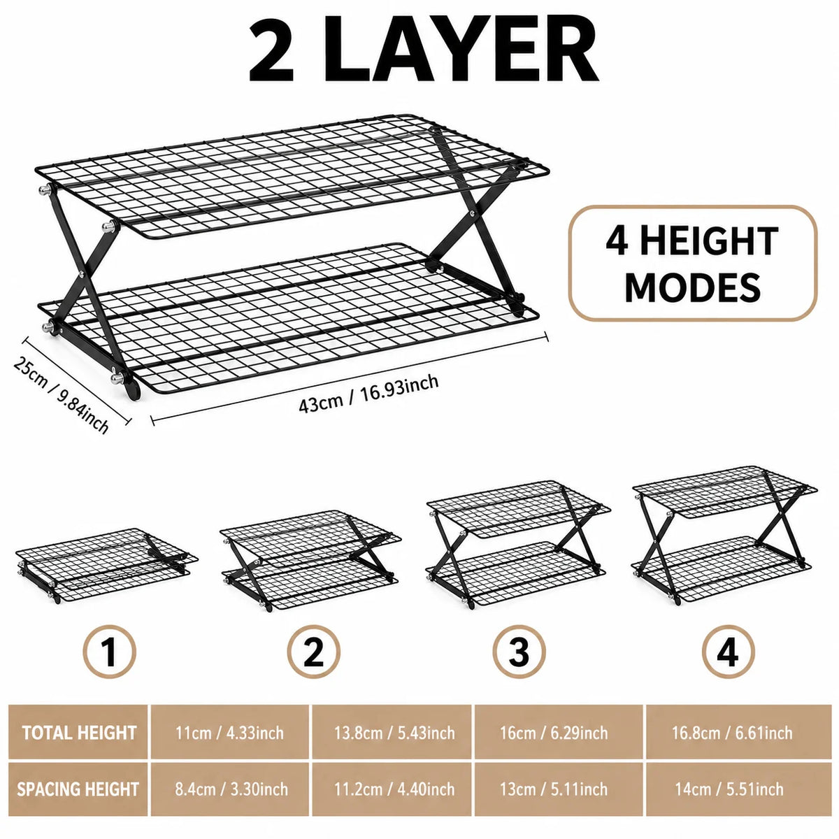 Uwhise 2/3/4-Tier Foldable Baking Cooling Rack Non-Stick Wire