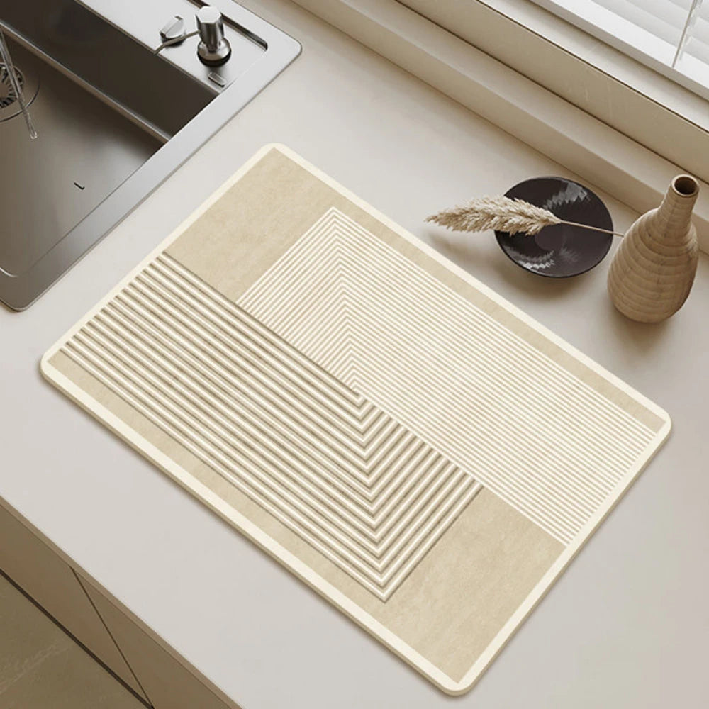 Dish Drying Mat Beige Geometric Print Non-Slip Quick