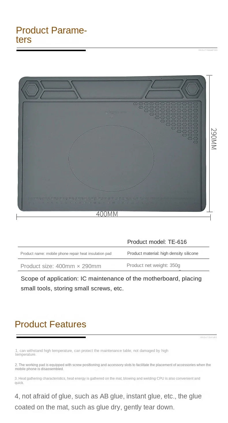 Te-616 290x400mm Heat Resistant Silicone Mat Electronic Repair