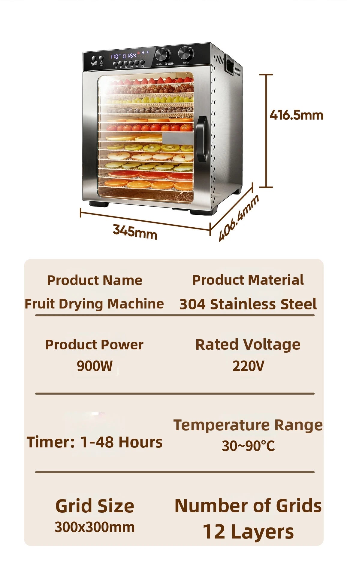 12-Tier Compact Food Dehydrator Multi-Purpose Dryer Jerky Fruits