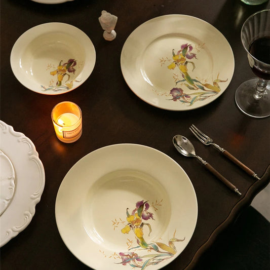 Ceramic Dinner Plate French Iris Dessert Bowl Dishes