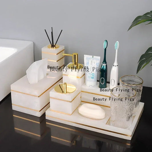 Natural Marble Bathroom Luxury Golden Soap Dispenser Toothbrush