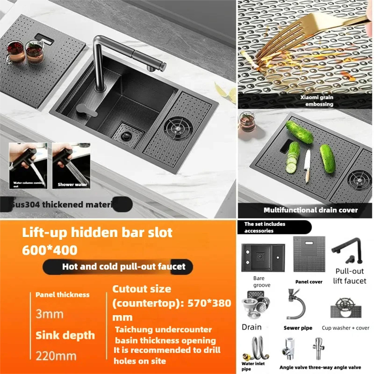 Cup Washer Hidden Bar Sinks Lid Multifunctionalstainless Steel
