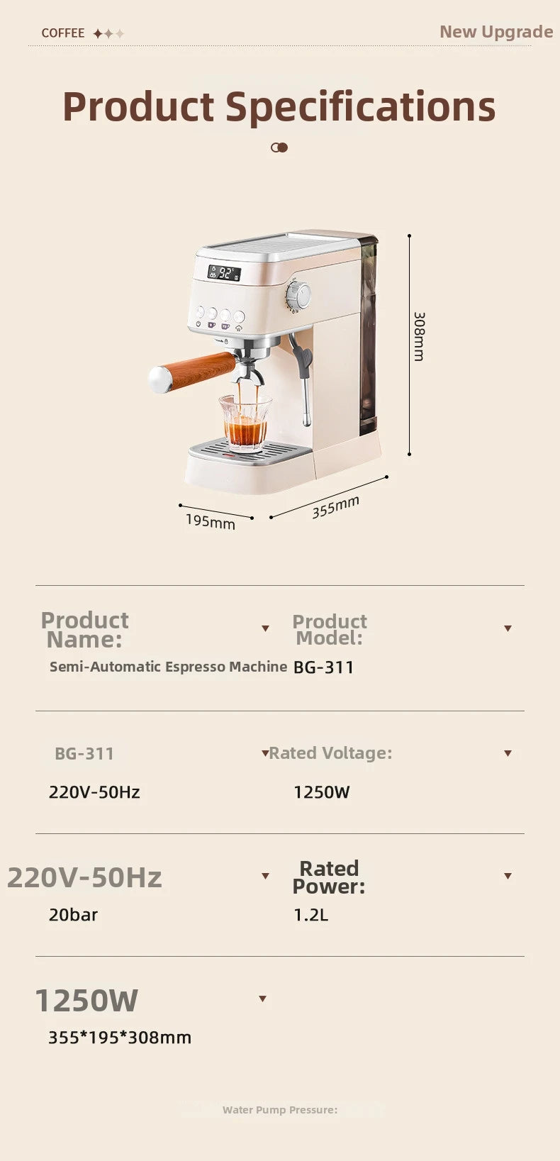 Pro Semi-Automatic Espresso Machine 20bar Pressure Compact Small