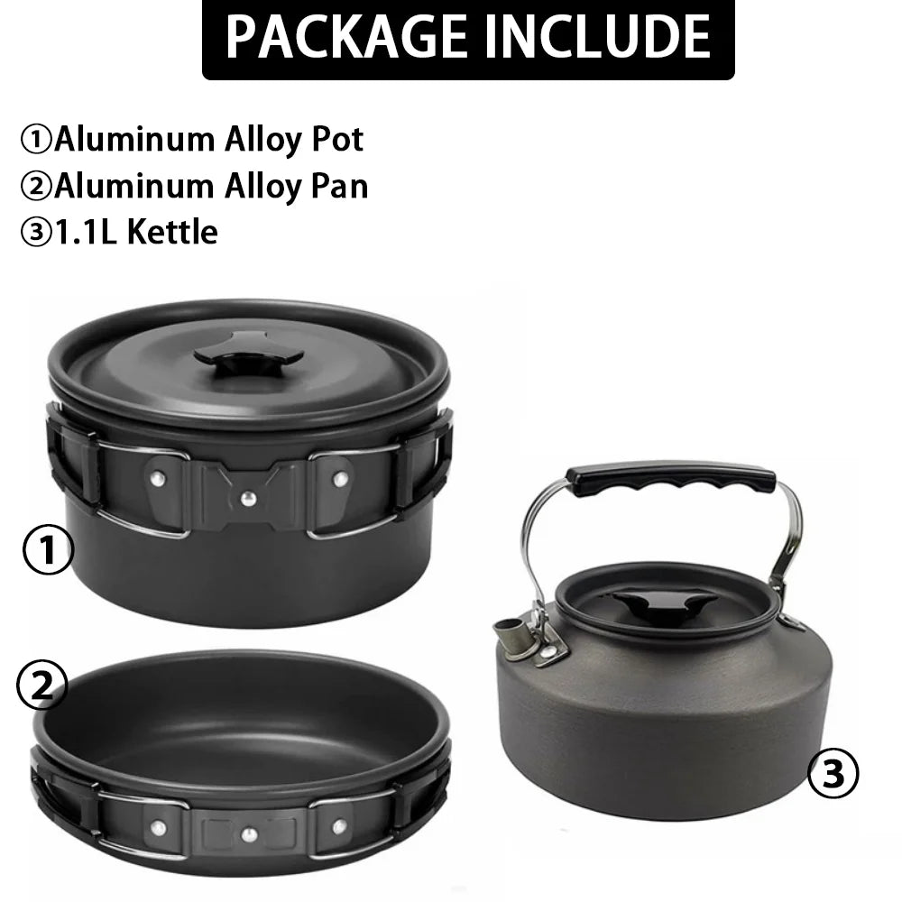 Camping Travel Equipment Tableware Cookware Kit Pots Burner