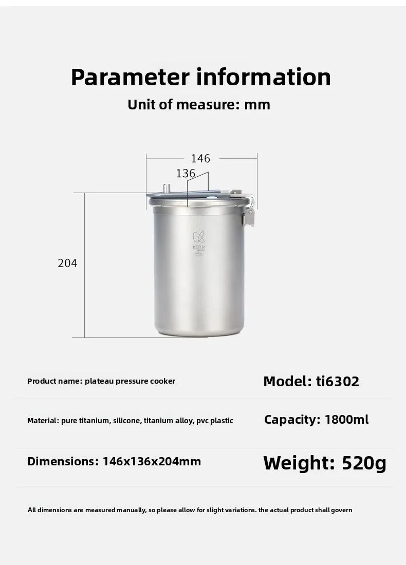Keith Pure Titanium High-Altitude Mountain Pressure Cooker 8l