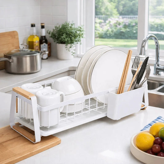 Detachable Dish Rack Wooden Handle Metal Frame Organizer