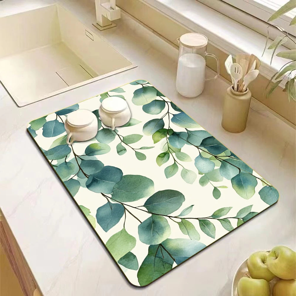 Eucalyptus Leaves Themed Dish Drying Mat Non-Slip Heat-Resistant