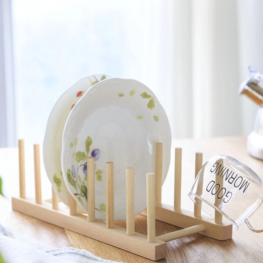 Wooden Dish Drain Rack Dinnerware Storage Organizer Tray