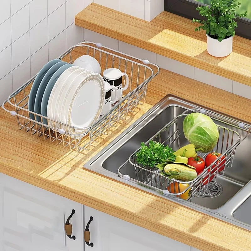 Adjustable Drain Baskte Stainless Steel Sink Tableware Rack