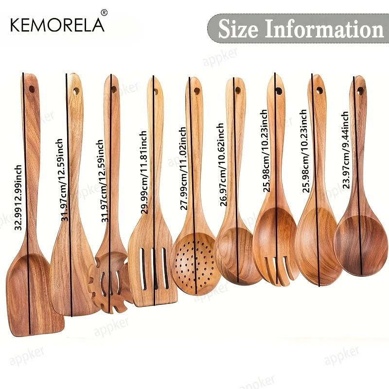 9pcs Acacia Wood Utensils - Natural Wood Cooking