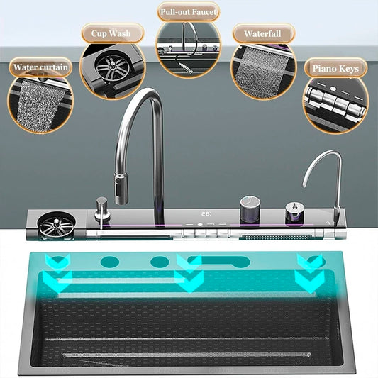 Stainless Steel Waterfall Sink Digital Display Large Sink