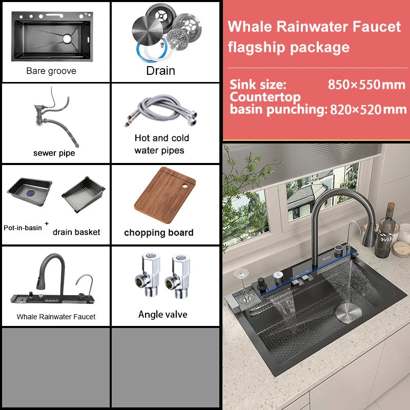 Waterfall Digital Display Sink Stainless Steel Wash Dish