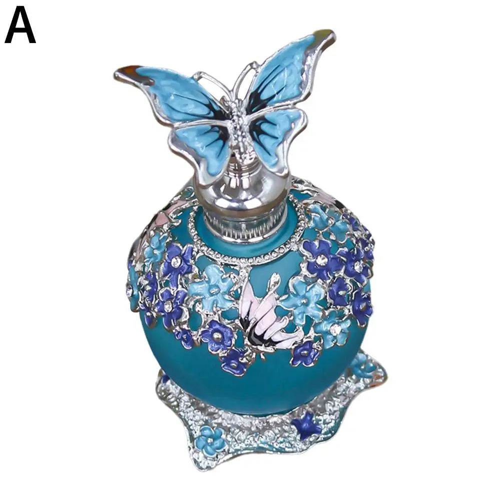 Vintage Perfume Bottle Metal Enameled Frosted Glass Container