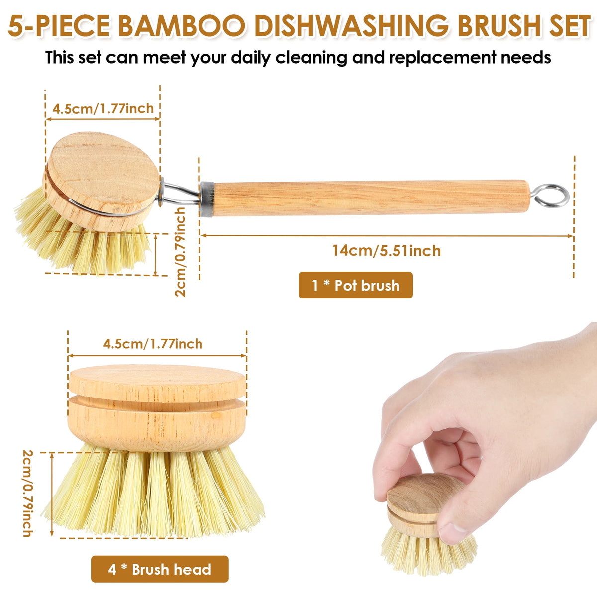 3/5pcs Wooden Dish Brush Replaceable Long Handle Cleaning