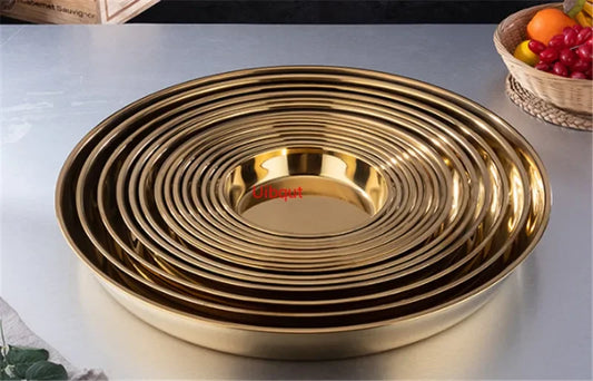 Gold Golden Stainless Steel Big Round Tray Plate