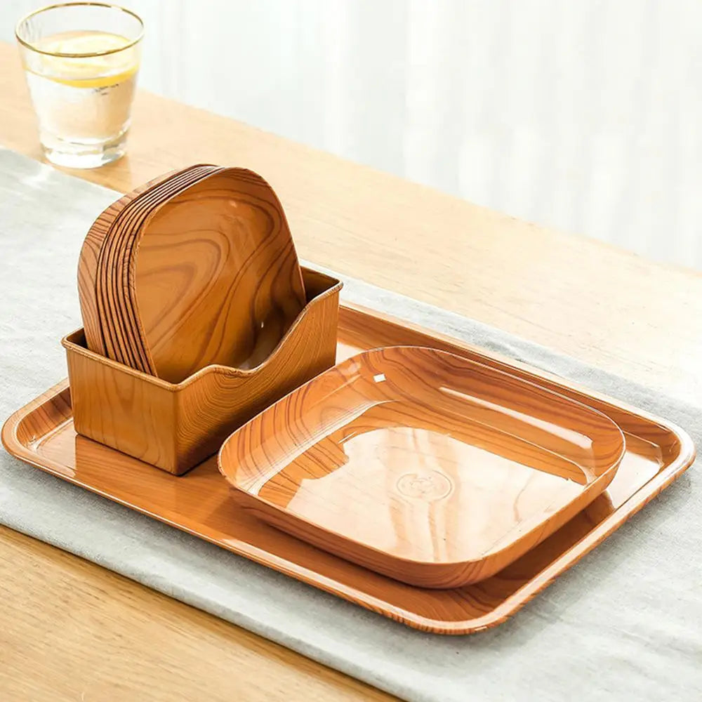 10pcs Japanese-Style Plastic Dish Simple Imitation Wood Grain