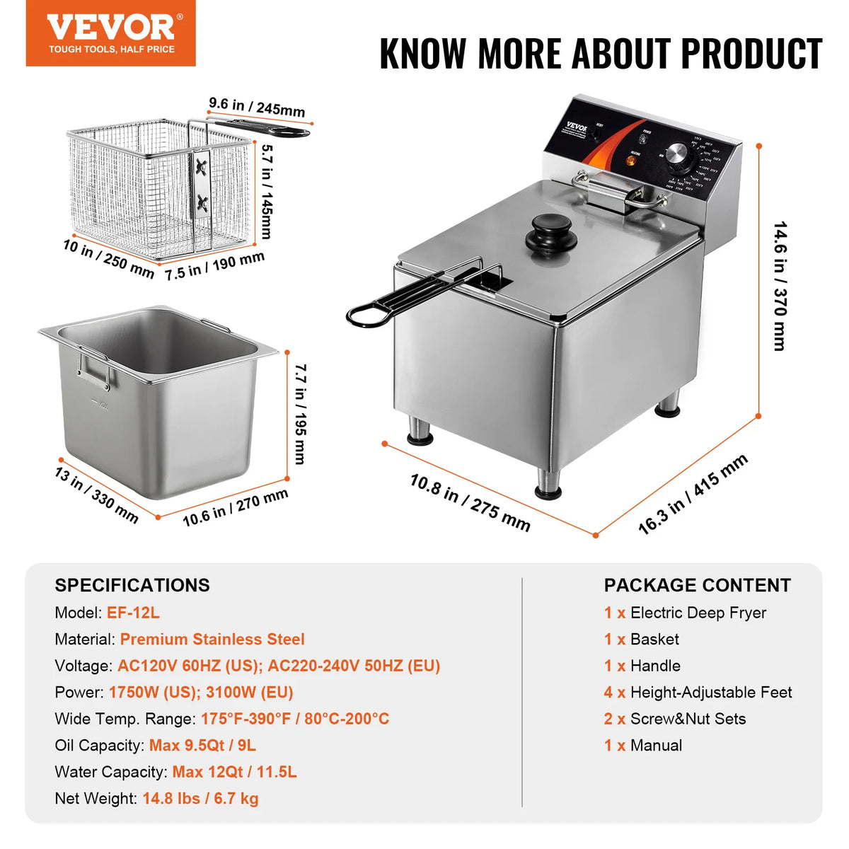 Succebuy Commercial Deep Fryer Electric Countertop Fryer Basket