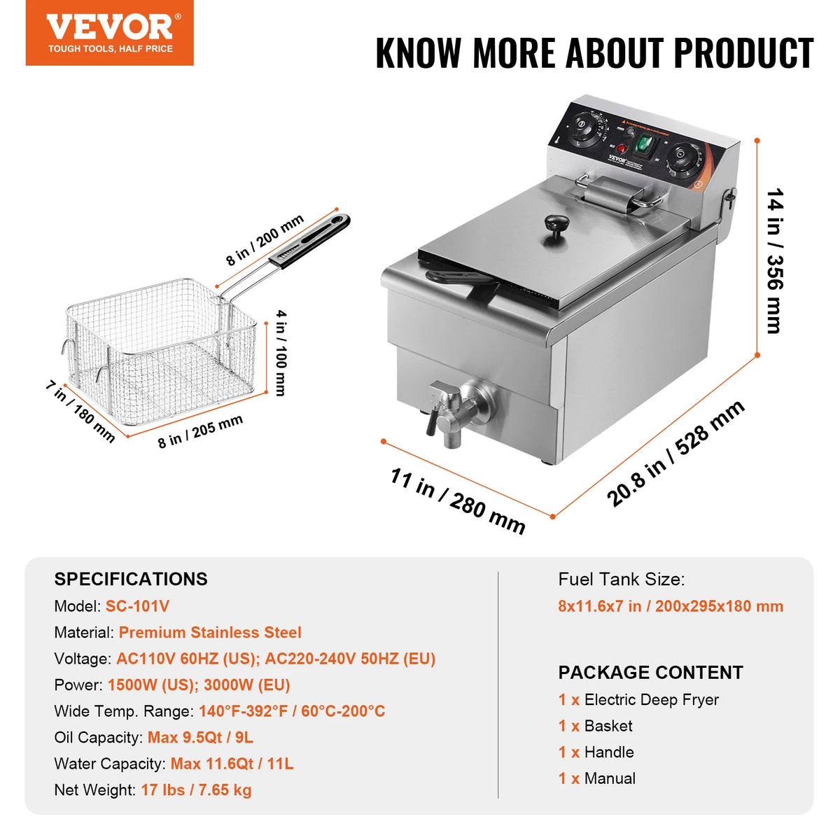Succebuy Commercial Deep Fryer Electric Countertop Fryer Basket
