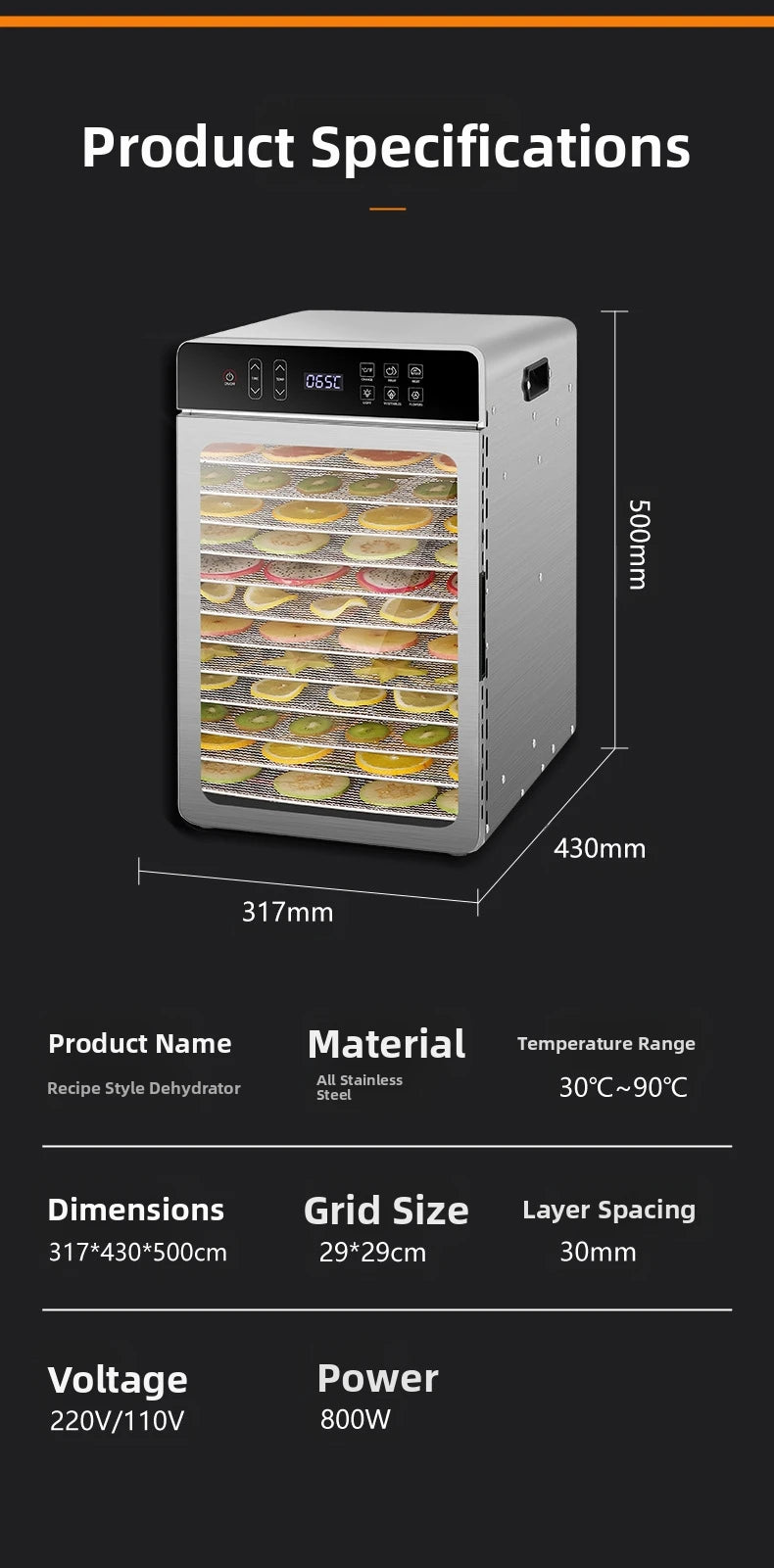Smart Touch Screen Food Dehydrator 12 Layers Stainless
