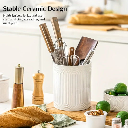 Ceramic Utensil Holder Organizer - Countertop Storage Jar