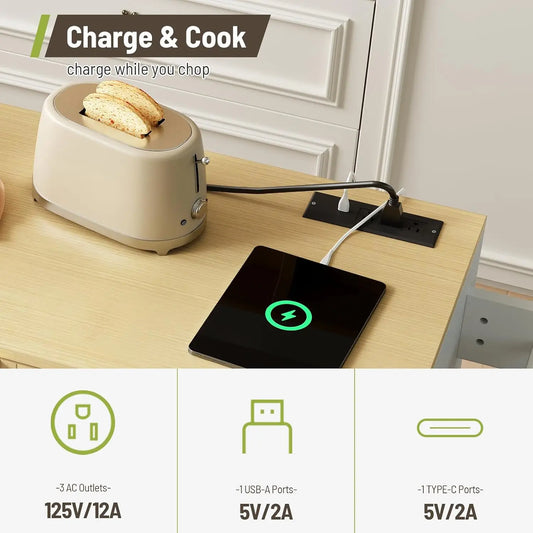Island Storage Power Outlet Trash Bin & Drawers