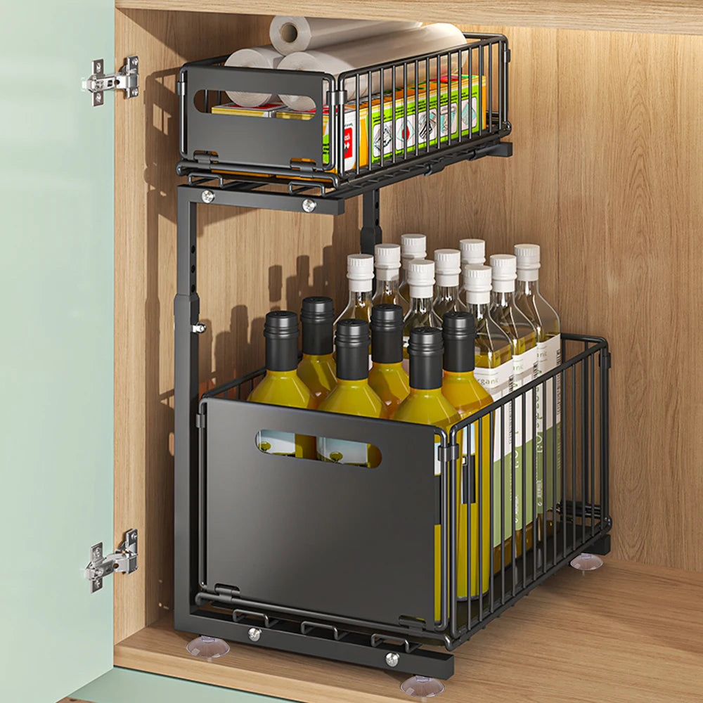 2-Tier Pull Out Cabinet Organizer Adjustable Height Sliding
