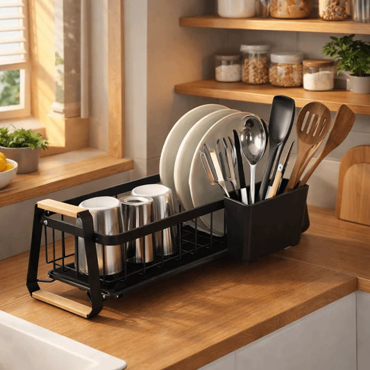 Detachable Dish Rack Wooden Handle Metal Frame Organizer