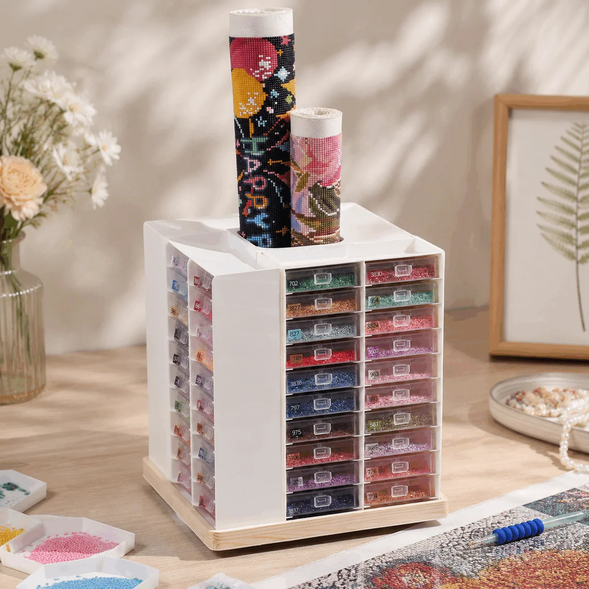 Foreveryoung Rotatable Diamond Storage Rack 80 Trays Wood