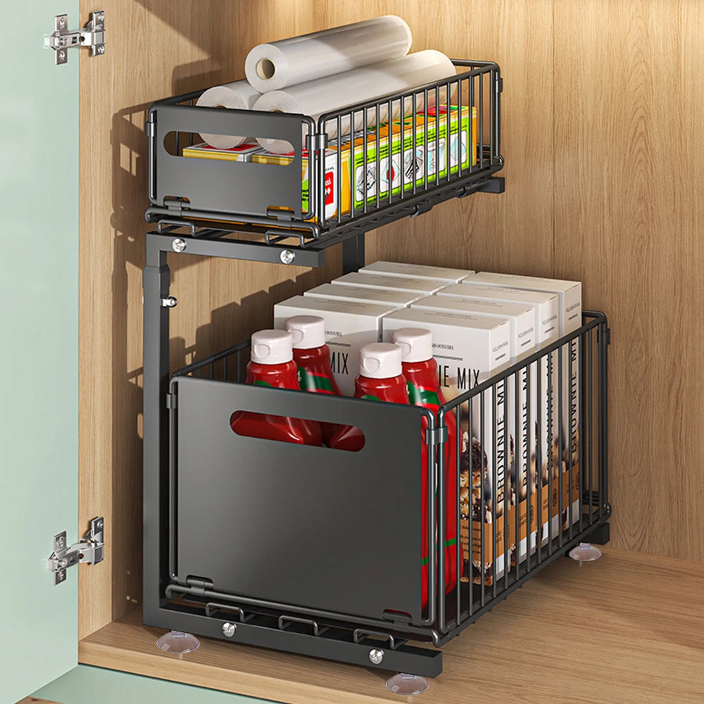 2-Tier Pull Out Cabinet Organizer Adjustable Height Sliding