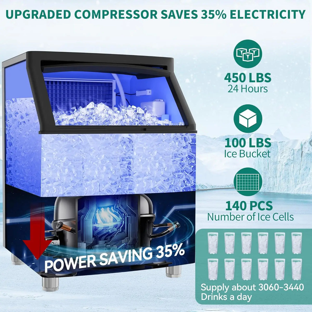 Commercial Ice Maker 450lbs/24h Ice Machine Commercial 120