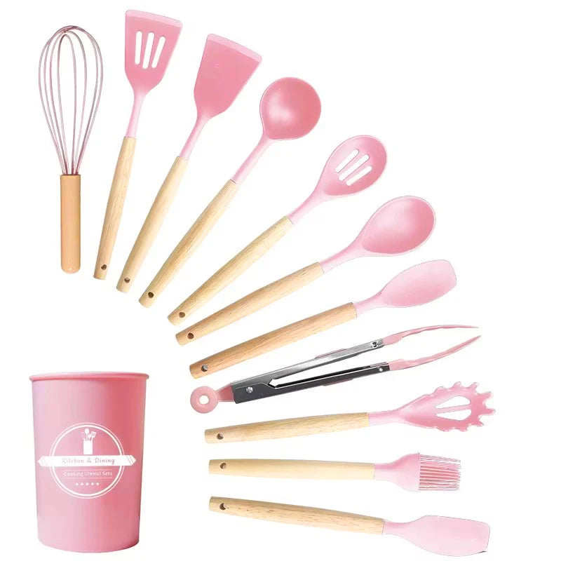 12 Cooking Silicone Cooking Utensils Utensil Wooden Handle