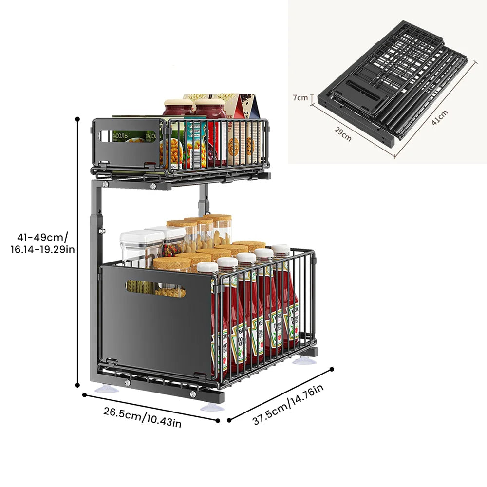 2-Tier Pull Out Cabinet Organizer Adjustable Height Sliding