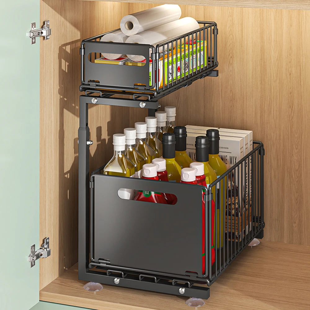 2-Tier Pull Out Cabinet Organizer Adjustable Height Sliding