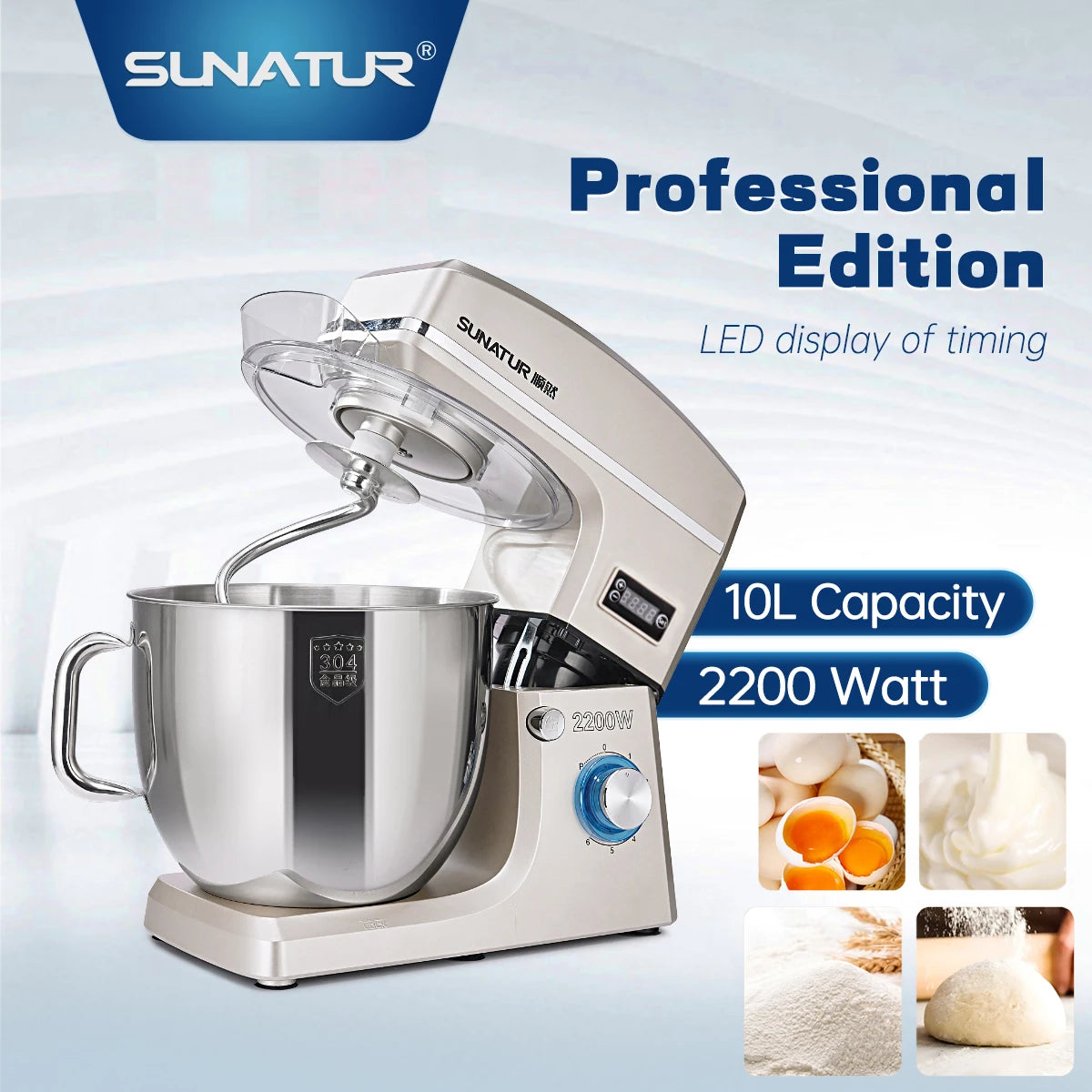 Sunatur 10l Stand Mixer 2200w Stainless Steel Bowl