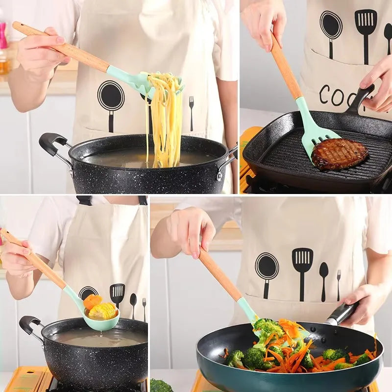 12 Cooking Silicone Cooking Utensils Utensil Wooden Handle